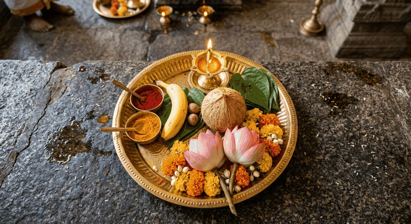 Archana offerings of kumkum, coconut, lotus and a lit diya on a brass plate